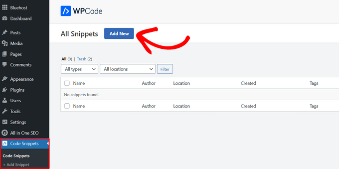 在 WPCode 中点击“添加新代码片段” 在 WPCode 中点击“添加新代码片段”