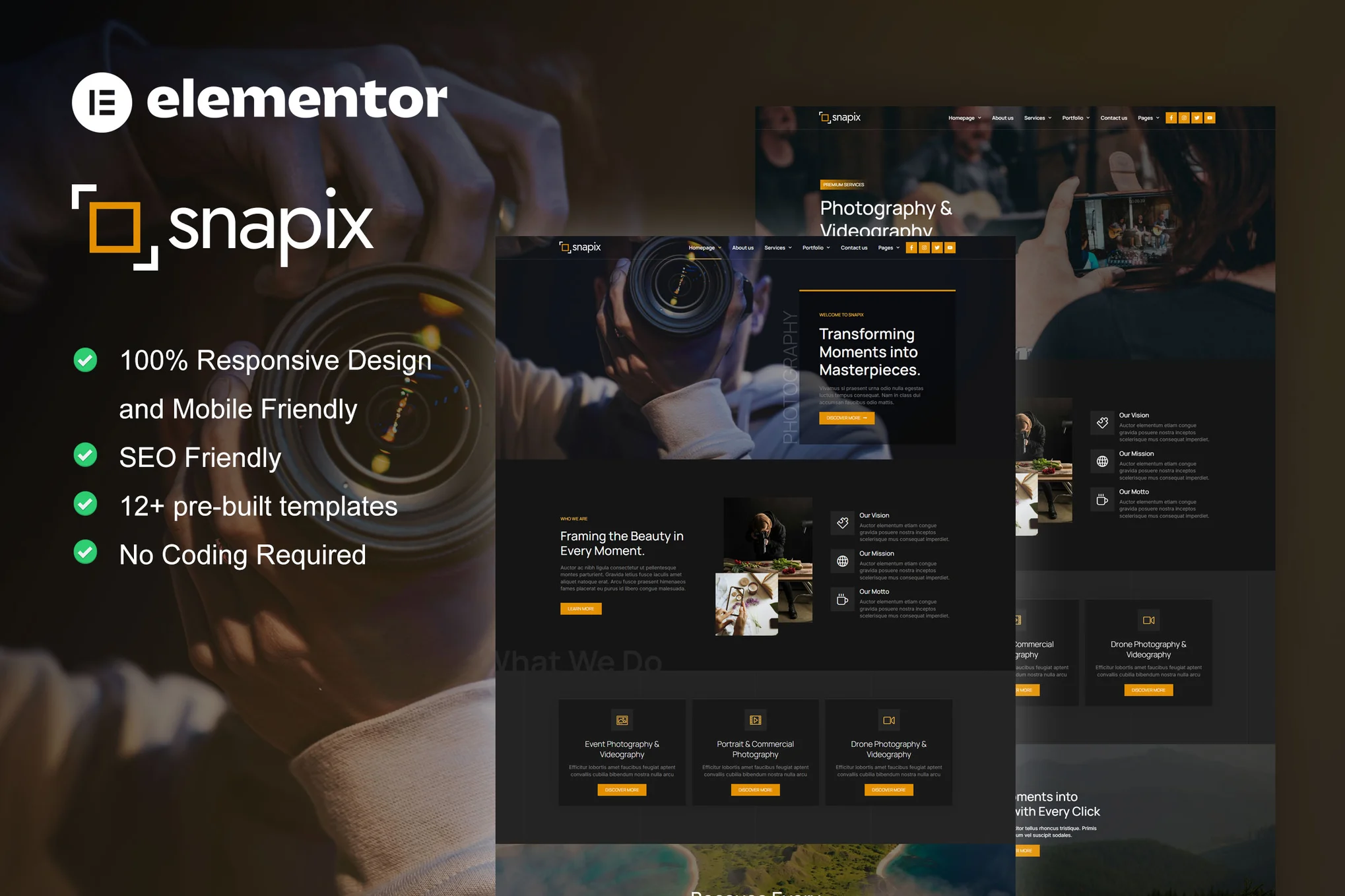 Snapix – 摄影与摄像服务Elementor模板套件