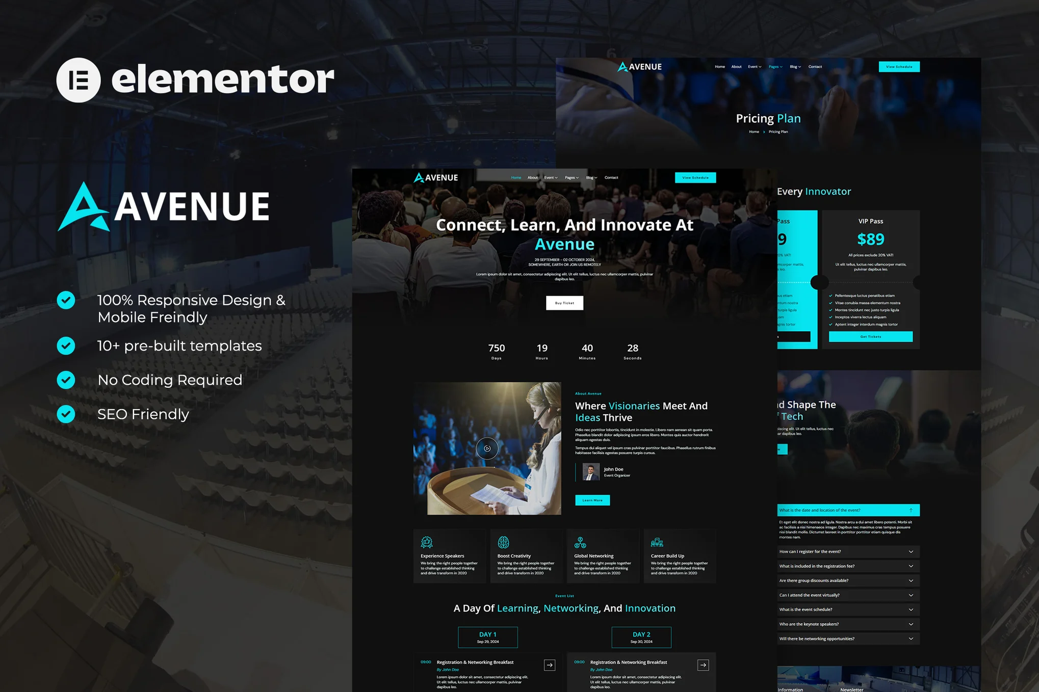 Avenue:现代优雅的 Elementor 活动与会议模板套件