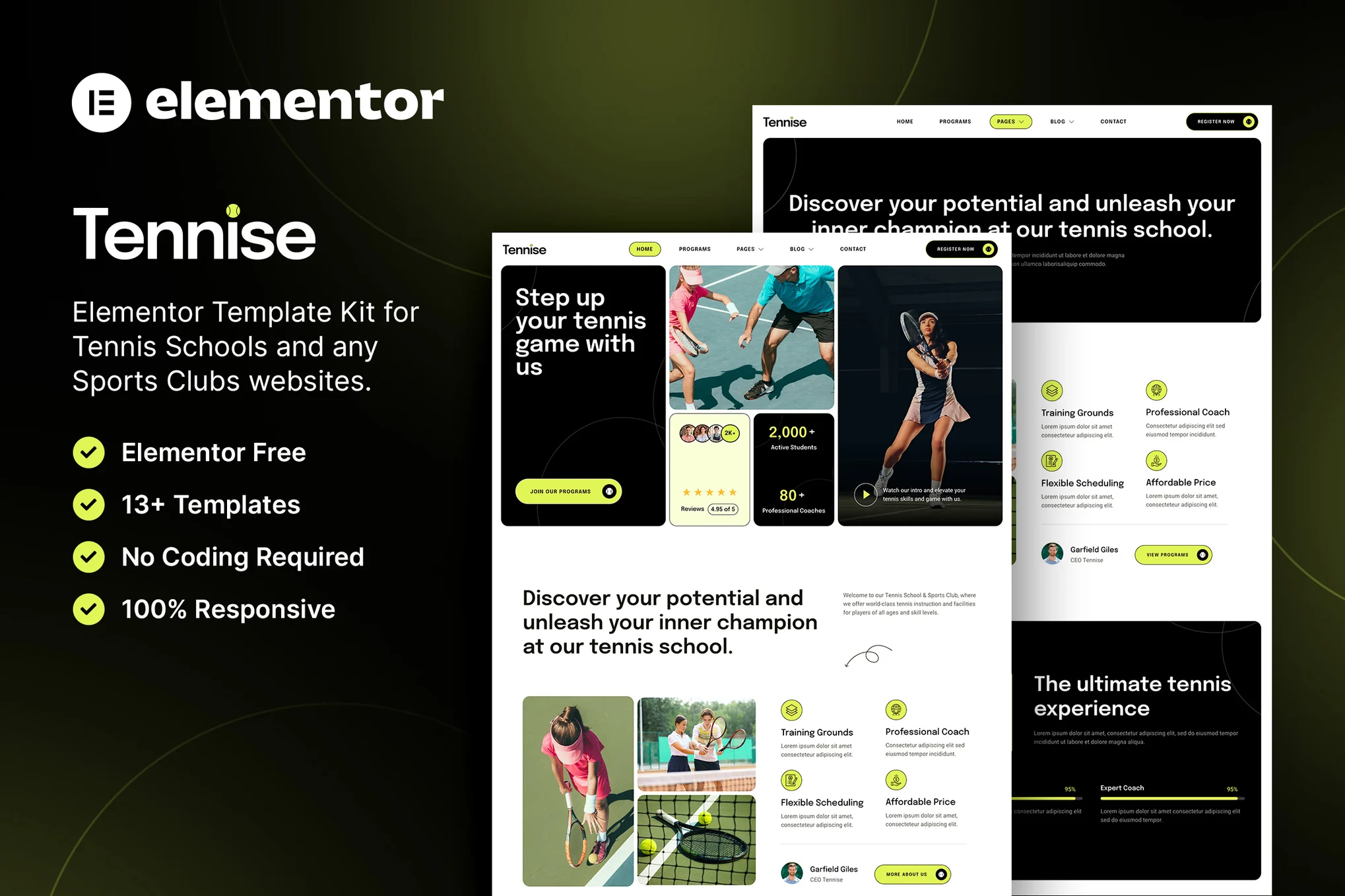 Tennise – 网球学校与运动俱乐部 Elementor 模板套件