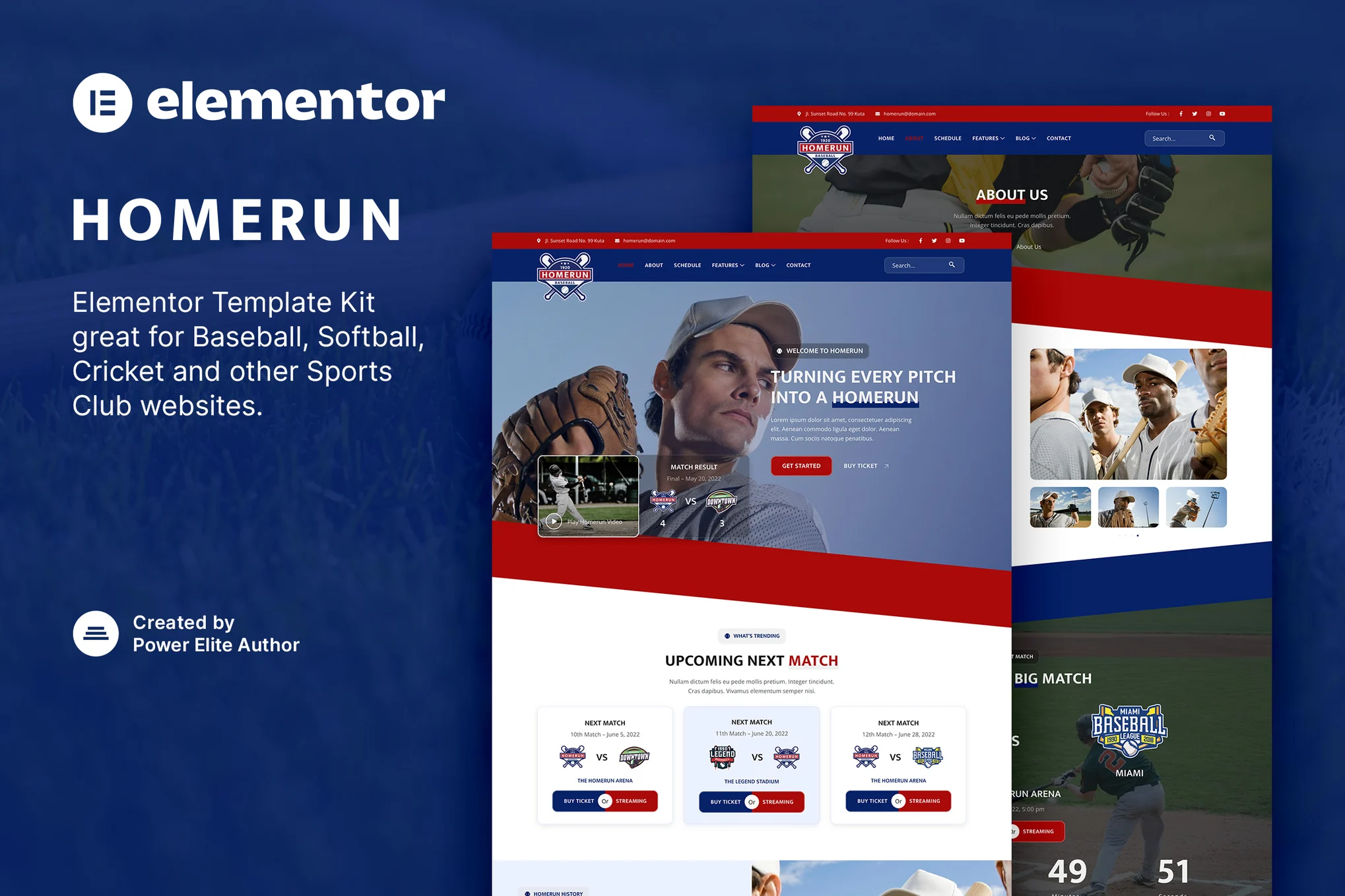 Homerun – 棒球队和体育俱乐部 Elementor 模板套件
