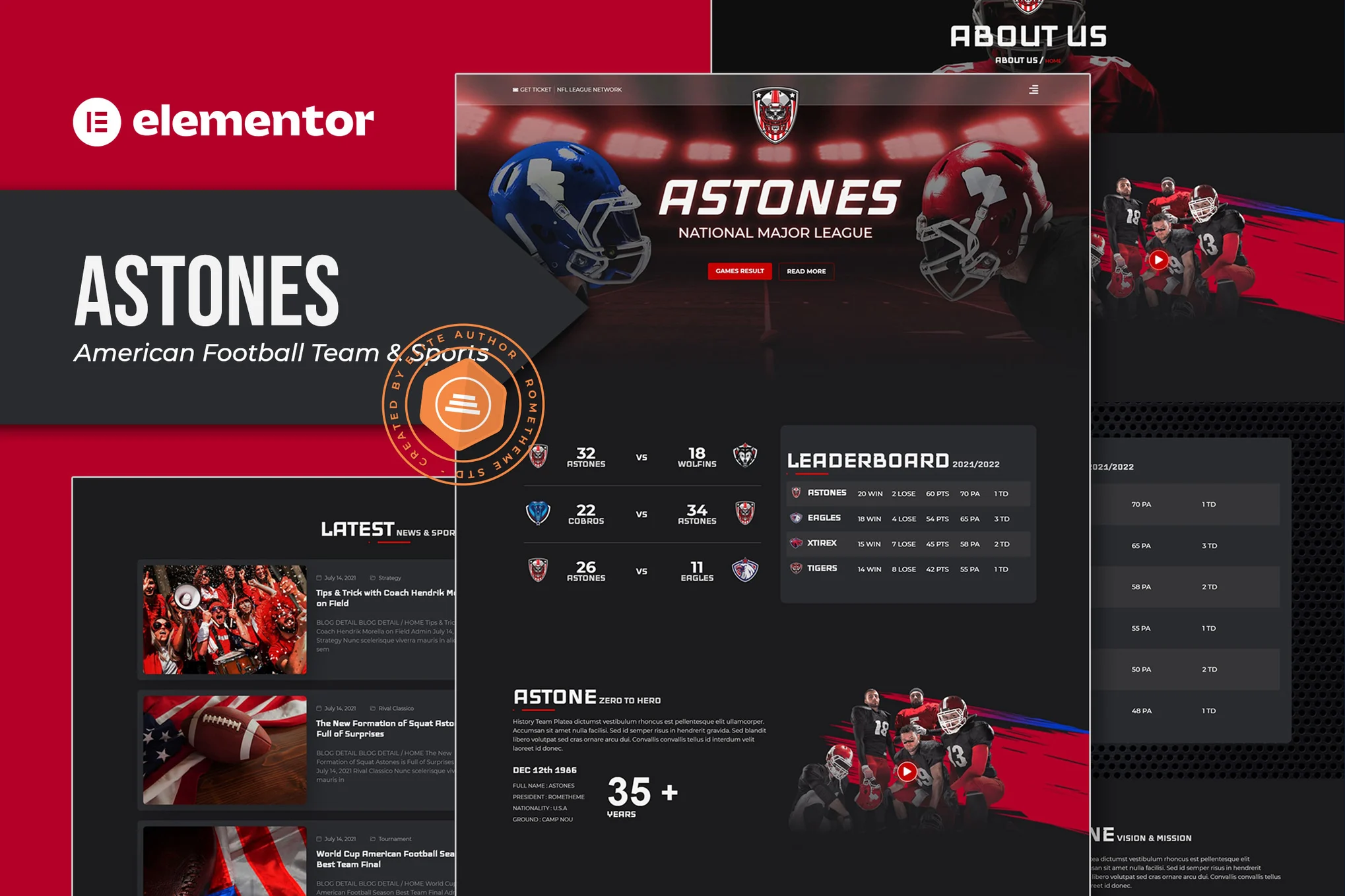 Astones – 美式橄榄球队与体育 Elementor 模板套件
