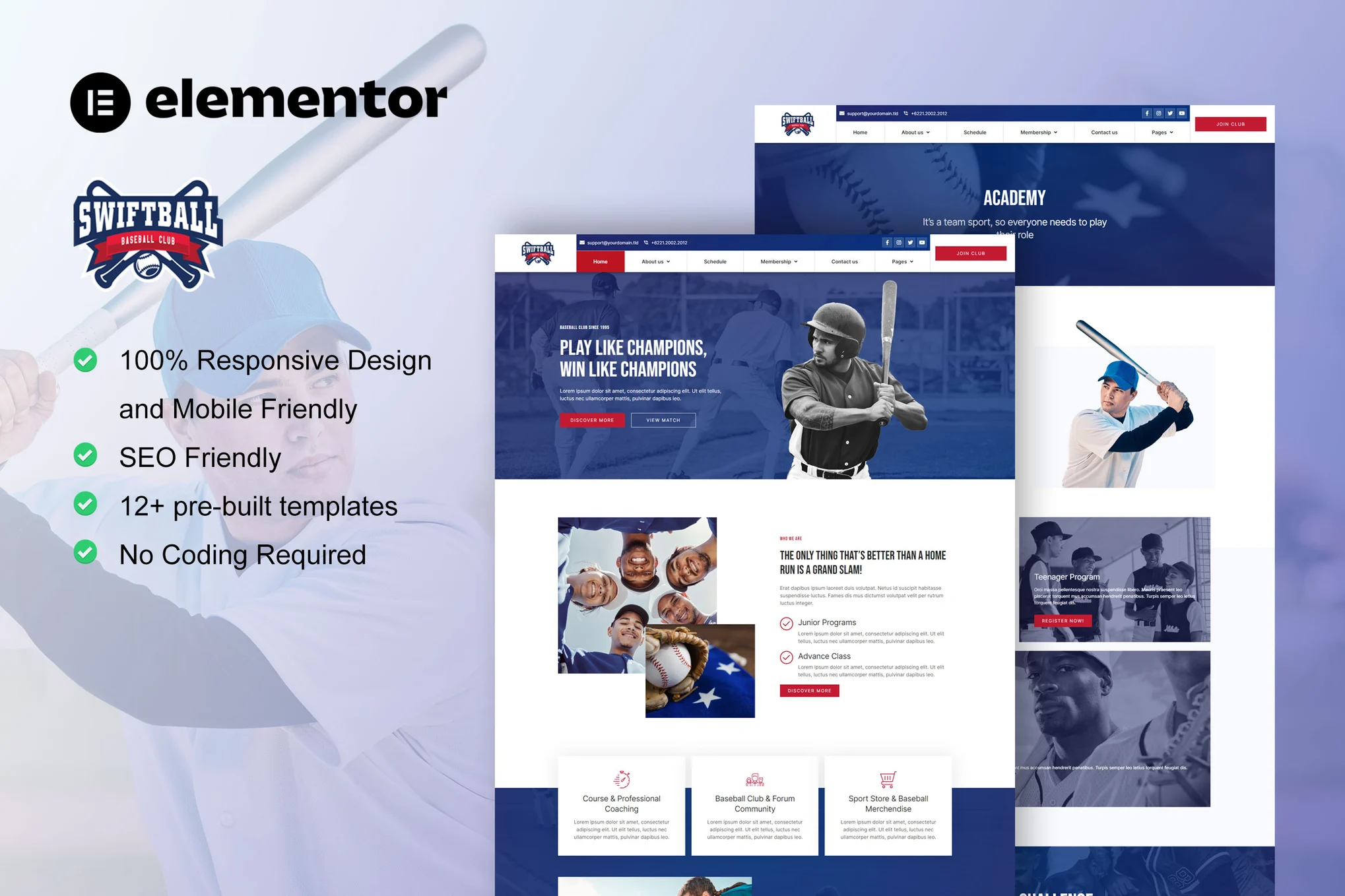 SwiftBall – 棒球队和体育俱乐部 Elementor Pro 模板套件